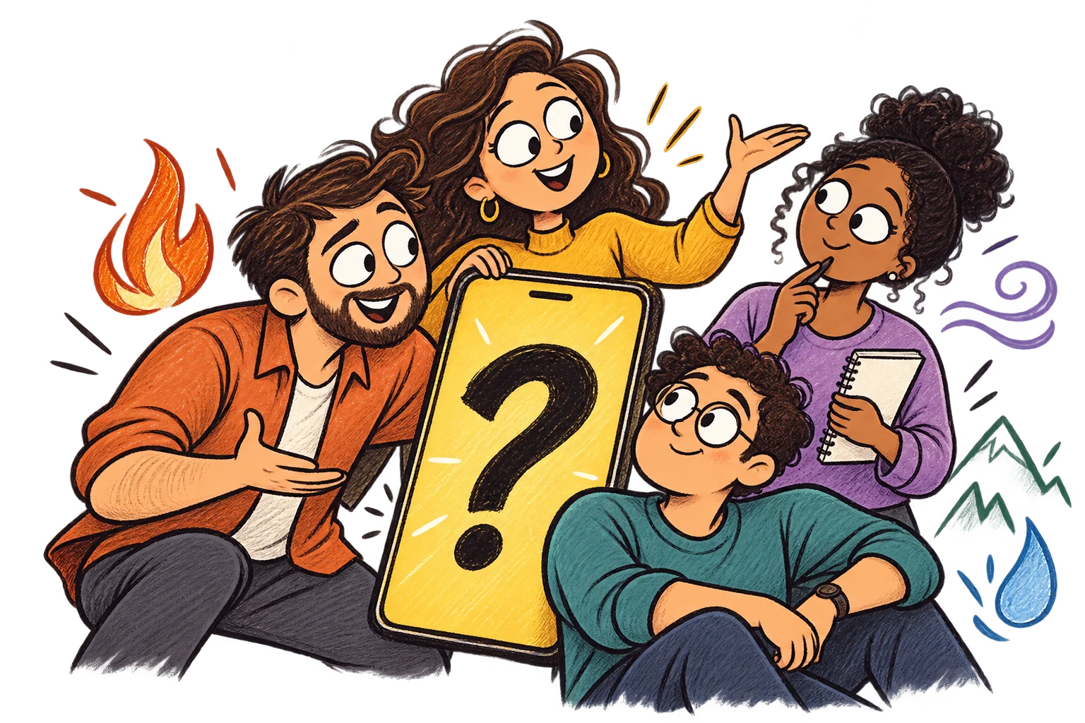 Quatro personagens ilustrados reunidos em torno de uma pergunta.